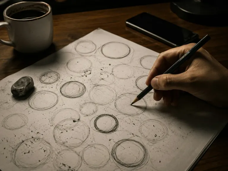 A hand draws circular form studies with a pencil on paper.